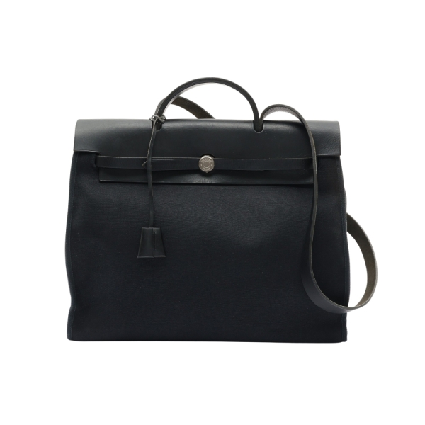HERMES 愛馬仕 Herbag 40 兩用包 黑色 帆布 牛皮 口E刻 銀扣 【二手名牌BRAND OFF】