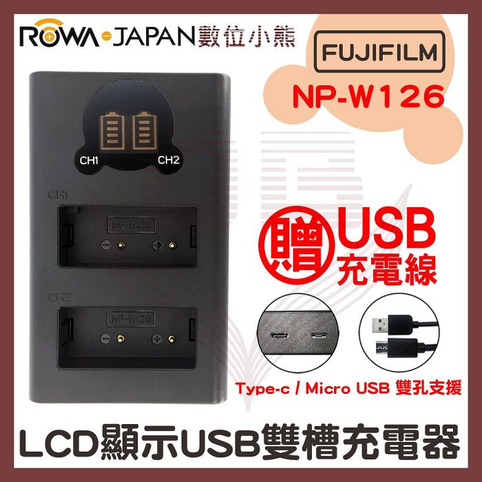 【數位小熊】ROWA 樂華 FOR FUJIFILM NP-W126 LCD顯示 Type-C USB 雙槽充電器
