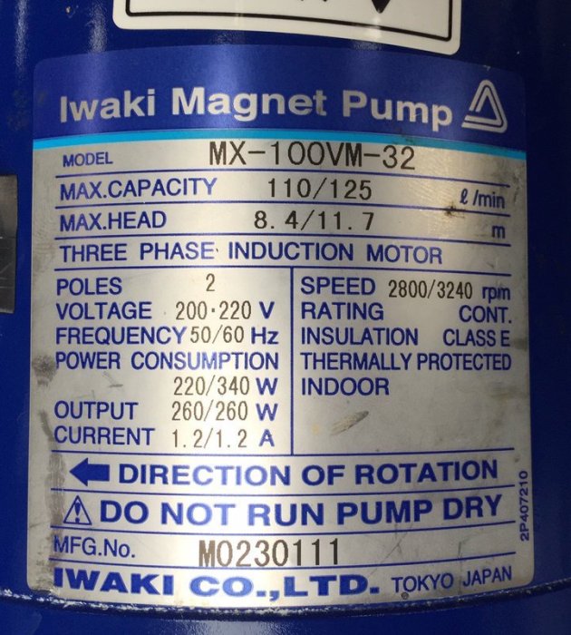 日本IWAKI PUMP MX-100VM-32(220V)無軸封耐酸鹼幫浦---輸送海水/酸鹼液