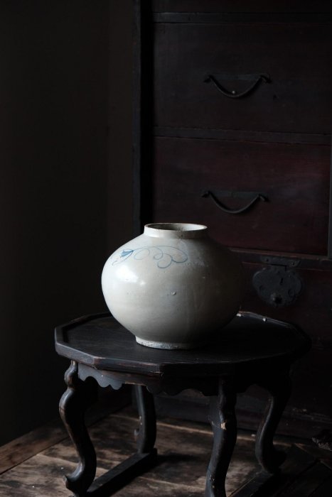 李朝風味染付壺9.5cm口徑22cm肚徑18cm高古雅質感面對侘寂裝置磨韻老壺