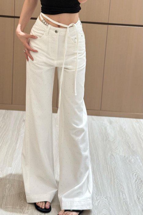Queen代購~DIOR迪奧 2025春夏新款女裝白色燙鑽牛仔褲包包寬鬆百搭休閒直筒長褲