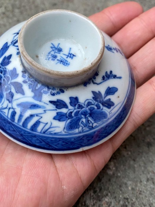 清代康熙青花茶杯蓋老瓷器白頭富貴詩文青花浙料花鳥畫工條件如圖畫風
