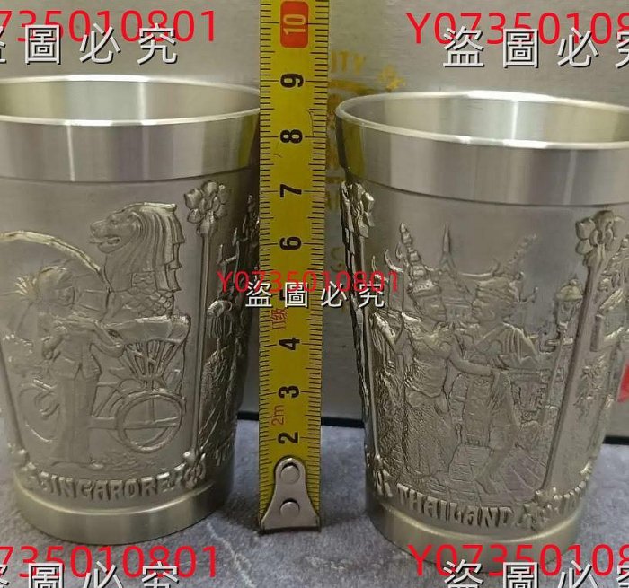 日本回流新加坡產錫制酒杯對杯，南洋錫器，純錫高浮雕杯1對，滿工刻繪