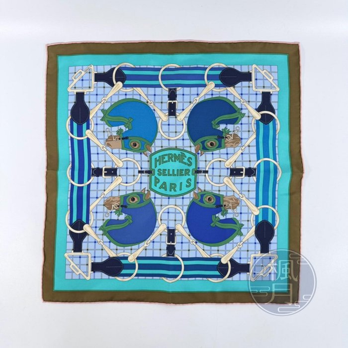 【一元起標 9/1】HERMES 藍綠馬頭方巾45X45