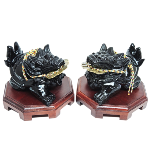 吉祥開運坊】【黑曜石龍龜(戰鬥龍龜)*1對附木座五帝錢招財/化煞~防小人