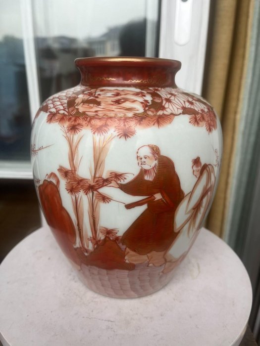 日本舶來品，明治老九谷，赤繪“竹林七賢”人物紋花瓶只高度20厘米，肚徑