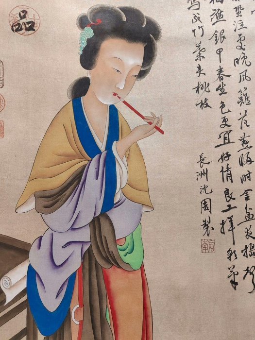 嚴選沈周風味純手工仕女圖中堂掛軸，三尺絹本藝術品客廳裝飾字畫中堂畫