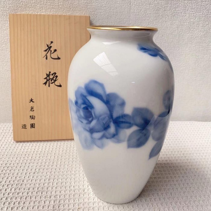 希少 大倉陶園 瑠璃 金蝕バラ 特注品 花瓶 花器 金彩 銀彩 美