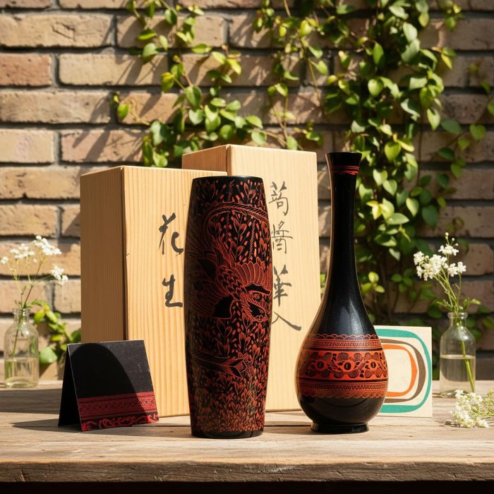 根来塗　朱塗　金彩　紅葉刻　漢詩刻　杯　一對　時代箱付　F　R8032 5/16結標讃岐蒟醬塗手作漆器二件組鳳凰紋共箱付BED0397 -漆器蒔繪朱