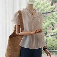 /SAFA/ 正韓 花褶領袖口繫帶立體直紋亞麻混紡襯【250727U042】