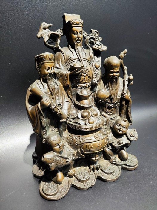 早期純銅神尊老件-招財聚寶福祿壽三仙#02（古董/銅雕/收藏/銅爐/香爐