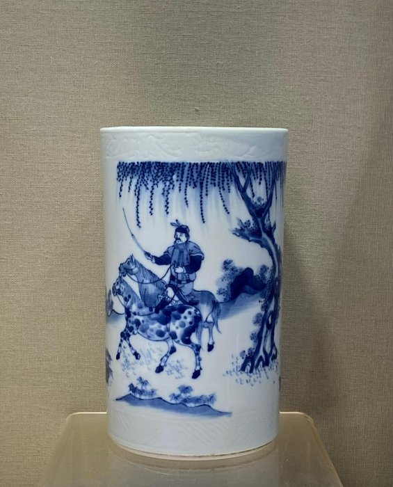 崇禎時期青花瓷筆筒高16.5公分完美品相細膩胎質琉璃釉面人物故事圖優雅