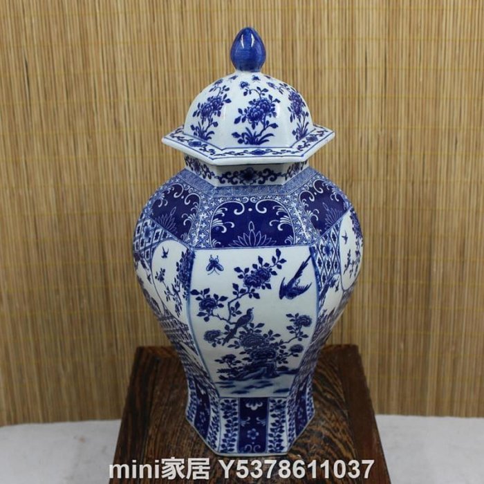 清乾隆青花花鸟六方将军罐 景徳鎮 陶磁器 装飾品 現代工芸品 美術品 置物 e5ee69bf-50d1-4921-8631-