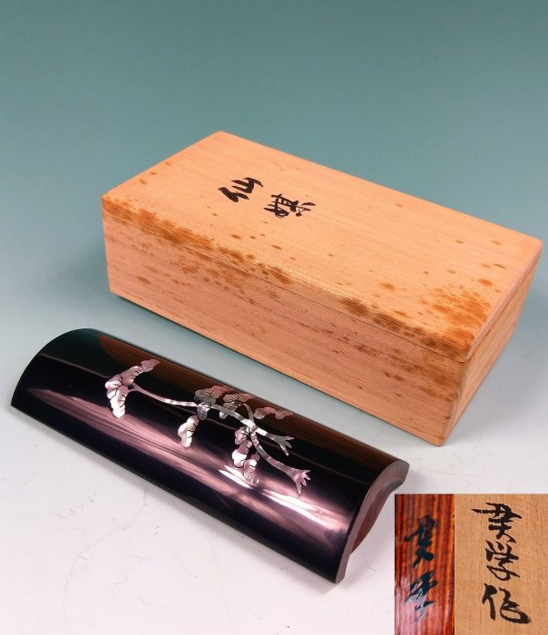 日本老茶則/貫學作螺鈿細工嵌貝黑漆塗共箱，名家物/茶合/茶則/茶量