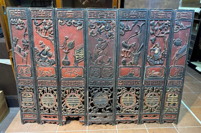 藏舊尋寶屋】老中國真老件乾隆26年題字雕刻/1761年樟木雕刻描金7件式