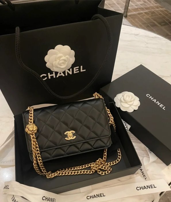 【翰貝格名牌館】全新真品 CHANEL 23S 山茶花 調節扣 黑色 小羊皮 Woc 雙鍊 斜背包 AP3297 現貨