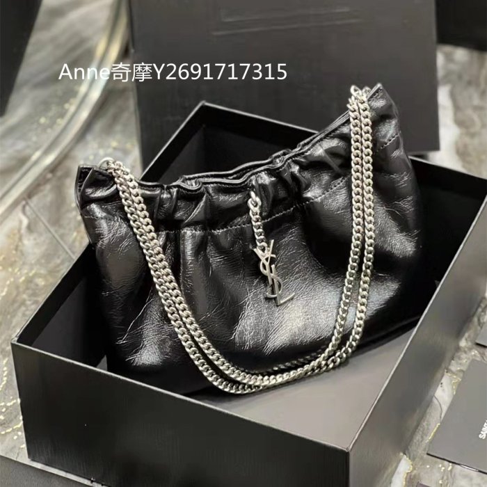二手正品 YSL 聖羅蘭 Mini leather shoulder bag黑色雲朵腋下包 小羊皮 鏈條包 681632
