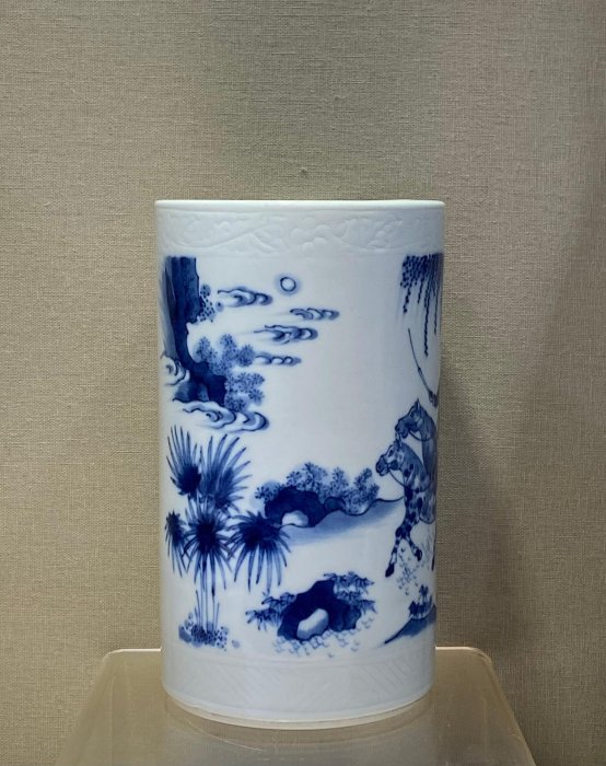 崇禎時期青花瓷筆筒高16.5公分完美品相細膩胎質琉璃釉面人物故事圖優雅