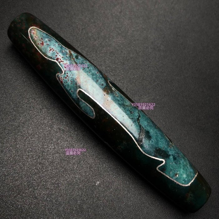 188360藏區迴流老料鑲嵌銀絲滿硃砂【觀音天珠】尺寸76*14毫米重量26克