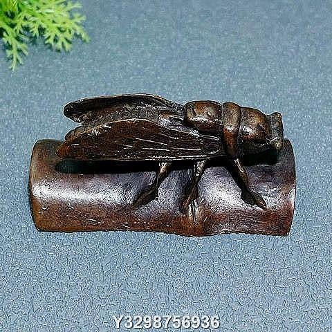 置物古銅製，時代物，緣起物，書房置物，高14cm，重480克 銅器工藝品一鳴驚人知了小鎮尺竹節蟬棕色古典書房鎮紙收藏家居銅合金