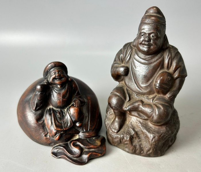 藏舊尋寶屋】老日本岡山古備前燒落款七福神大黑天/惠比須陶置物/擺飾兩