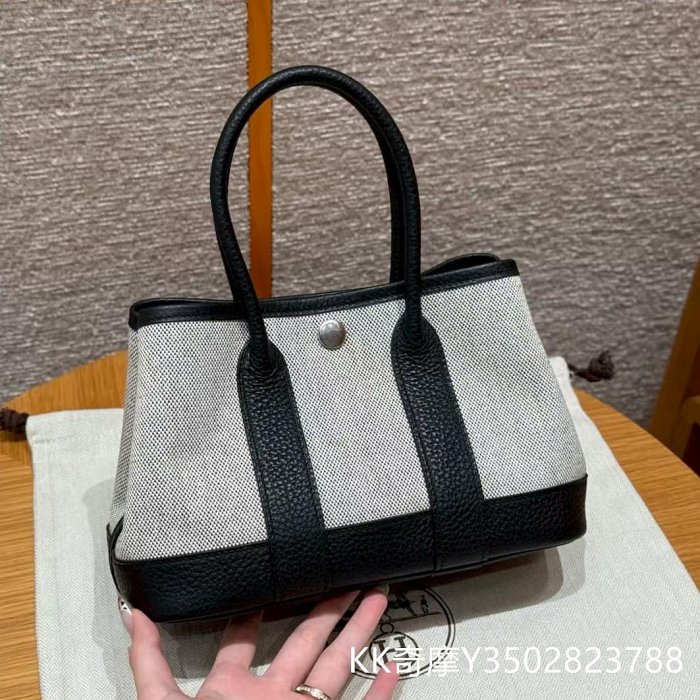 KK二手真品 HERMES 愛馬仕 NEO GARDEN 23 帆布拼小牛皮 花園包Tote包購物袋手提包 迷你 女款 淺米色拼黑色H086418CKAC