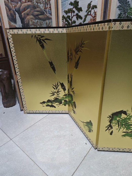 日本中古，金箔“竹虎圖”四折屏風/掛畫日本金箔屏風，日本屏風金箔隔斷