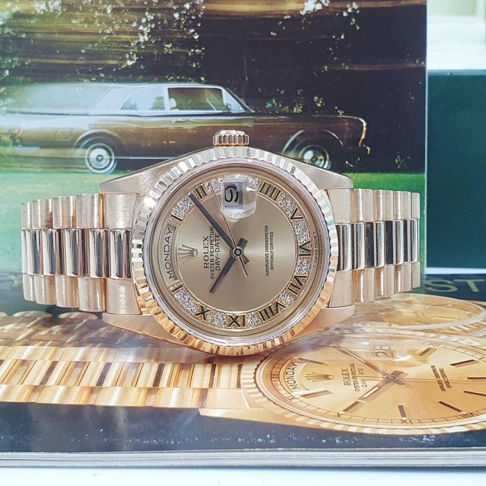 ROLEX 勞力士18238 Day-Date 蠔式18K金經典紅蟳原廠MR多層鑽面盤大眾