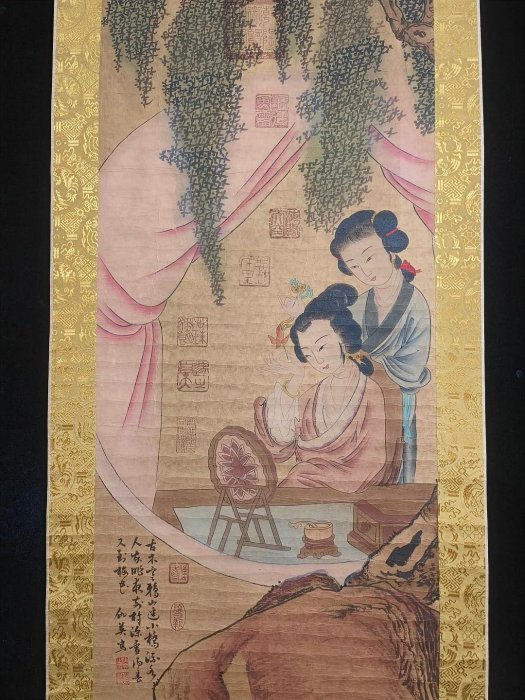 代號TZ496《仇英仕女》三尺中堂手繪作品畫心材質：宣紙裝裱尺寸：長