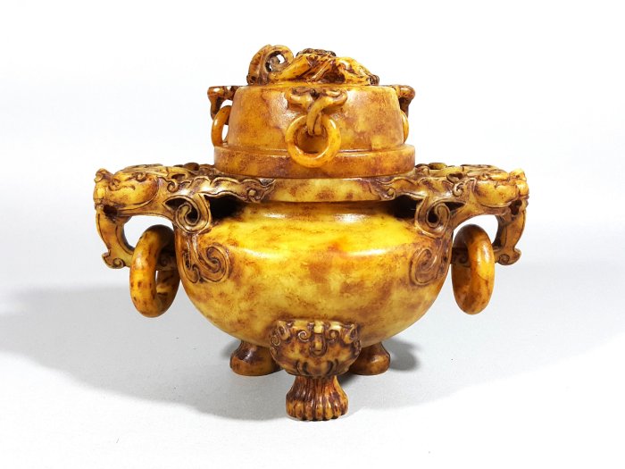 古和田玉彫◇高古玉彫「 戰漢◇ 雙鹿 薰爐◇ 」極細