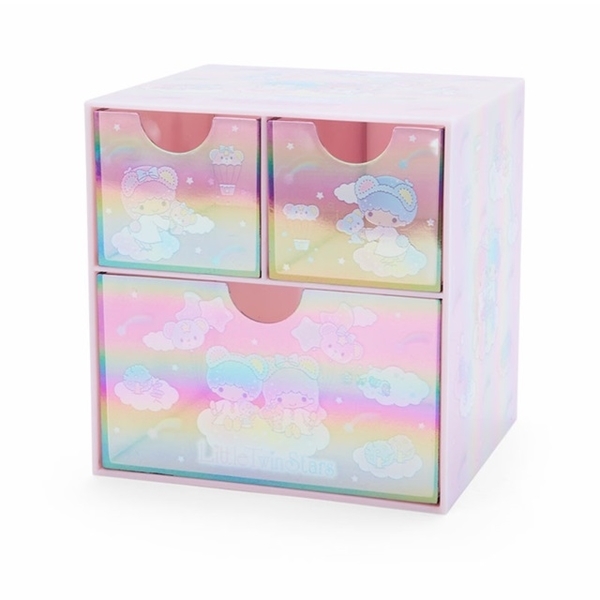 【震撼精品百貨】Little Twin Stars KiKi&LaLa 雙子星小天使~雙子星桌上型鐳射三抽收納盒(粉彩紅款)*85039