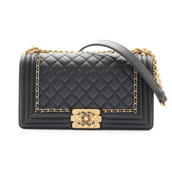CHANEL 香奈兒 Chain Around Boy 25 鍊帶肩背包 黑色 牛皮 金扣 A67086 【二手名牌BRAND OFF】