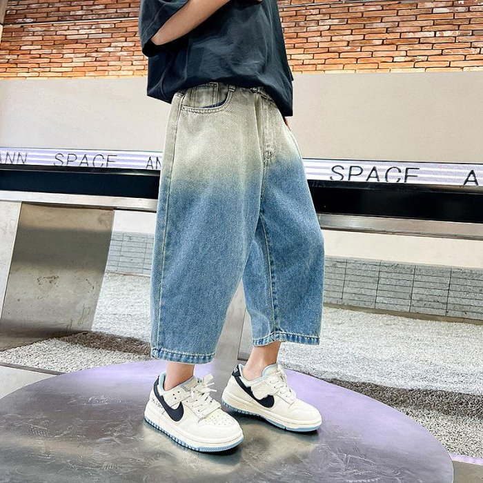 禾芽小築 男童 直筒漸變七分牛仔短褲2025 兒童男孩涼感痞帥薄款褲子