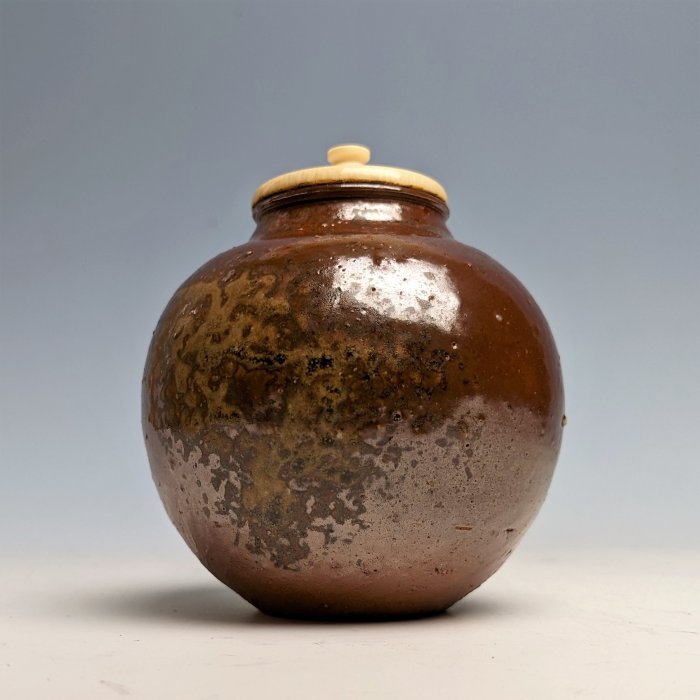 日本古美術/備前燒木村陶峰文琳茶入，共箱共布套/茶罐/茶道具≡≡ 溯源