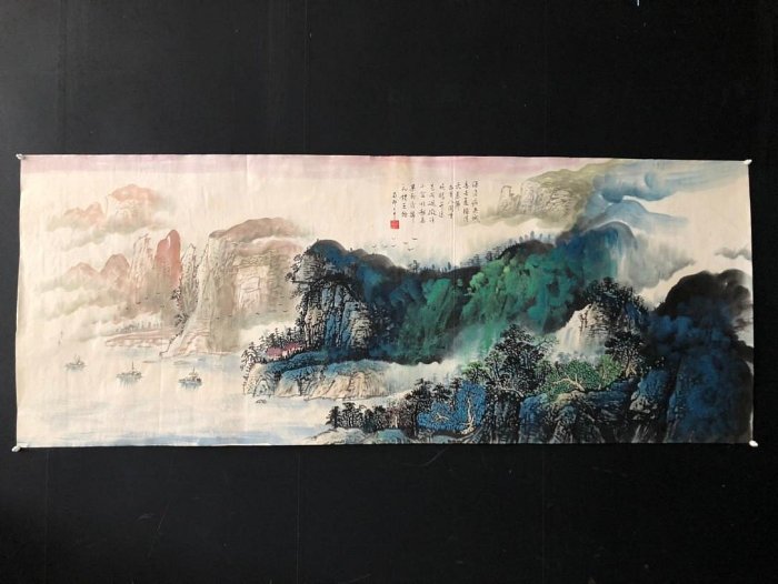 Z129【張大千】潑墨山水，六尺橫幅純手繪作品尺寸約178x70cm左右未裝裱