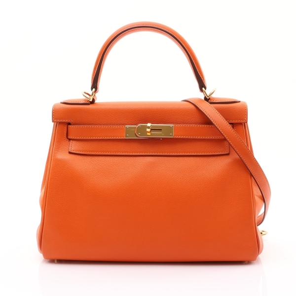 HERMES 愛馬仕 Kelly 28 凱莉包 兩用包 橘色 Evercolor牛皮 X刻 金扣 (無鑰匙鎖頭) 【二手名牌BRAND OFF】