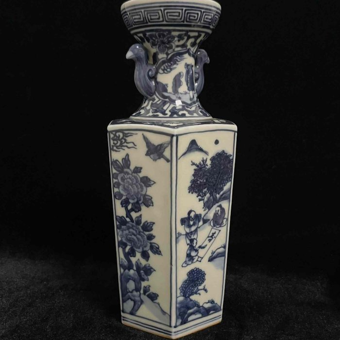 明治時期九谷燒青花六方鳳耳花瓶】嚴選日本回流藝術珍品，典雅黑花設計