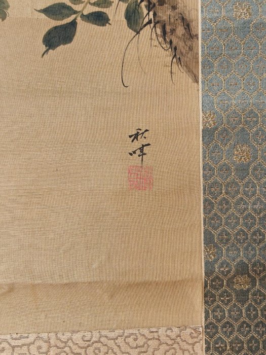 岡本秋暉松上孔雀圖大幅手繪高級手工裝裱清代中期國畫文人茶室掛軸松上