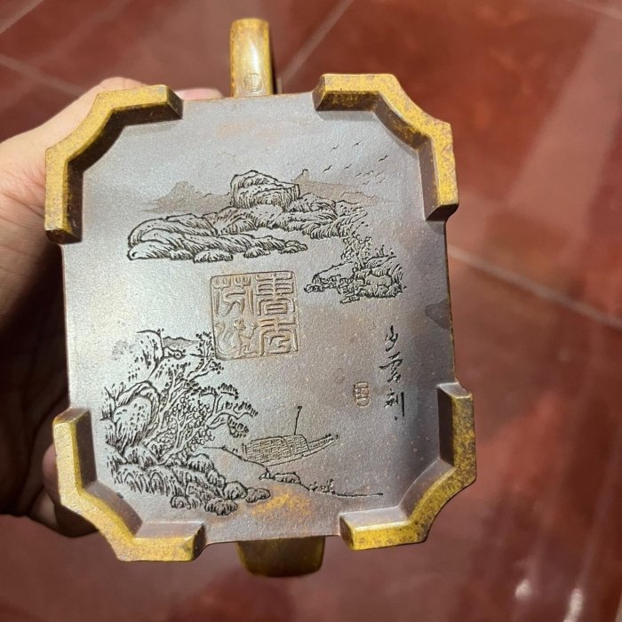 加賀金工師 九代 水野源六 造 斑紫銅製 鷁舟形置物 紫砂高級工藝美術師曹秀芬制壺，任淦庭愛徒少云大師陶刻，虎皮金砂