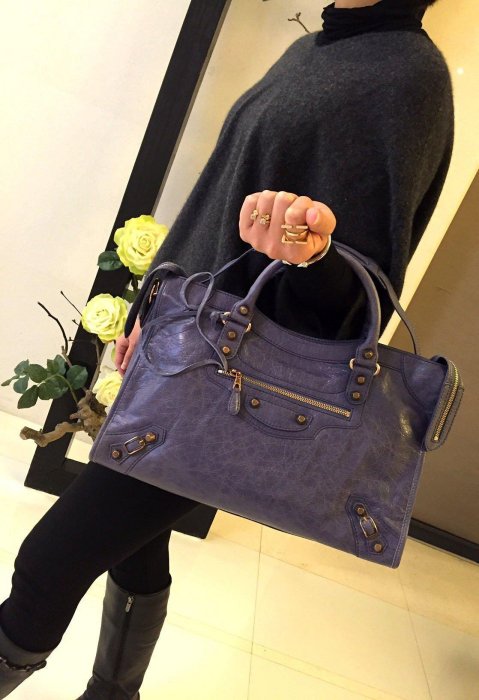 巴黎世家 Balenciaga 281770 Giant City 中型玫瑰金釦機車包 灰藍 現貨