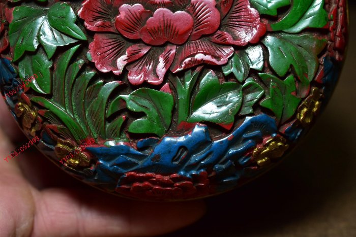 剔紅雕漆描彩漆器牡丹花盒重330017290古玩收藏擺件| Yahoo拍賣
