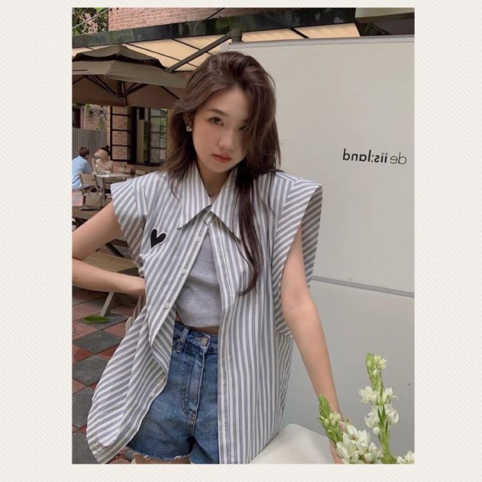 春夏Zara復古條紋寬鬆無袖襯衫dior坎肩背心設計感so nice小眾外套icb美式iroo無袖上衣背心adlv休閒GGDB髒鞋gods卡爾Karl韓 東大門