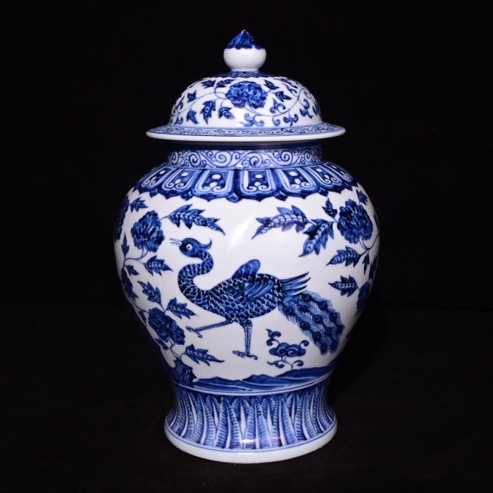 大明宣德年制青花孔雀紋蓋罐，高32×20釐米5501188 青花粉彩五彩| Yahoo拍賣