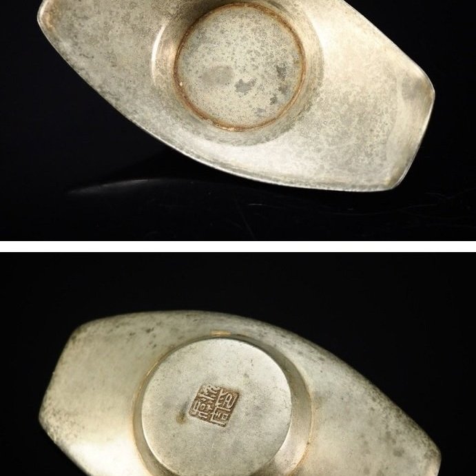 古錫 明時代 茶托 茶道具 錫製 沈存周 日本茶托】大師『沈存周』古錫茶托角印古錫製舟形茶托x五客☆附箱*總重