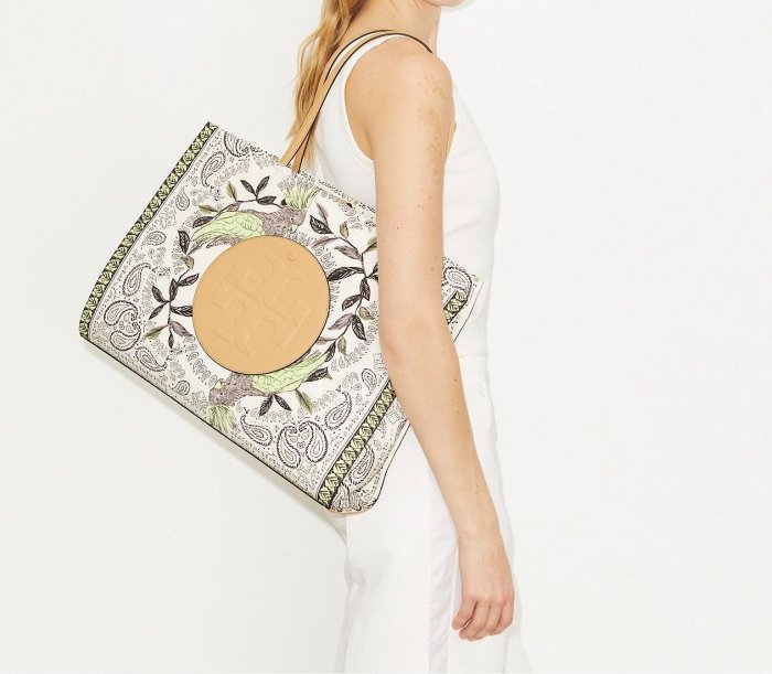 【TORY BURCH】專櫃經典款  Ella 中款復古花卉圖騰帆布手提包/托特包