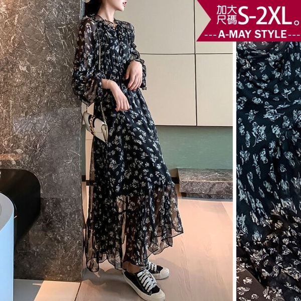 加大碼 歐美風碎花雪紡長洋裝(S-2XL)