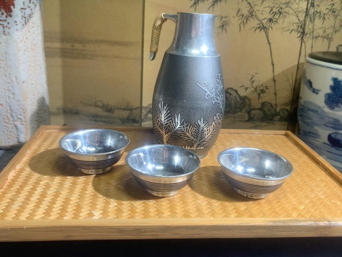 日本純錫酒具，錫酒壺，錫酒杯，錫壺，錫器，一壺三杯，錫半造