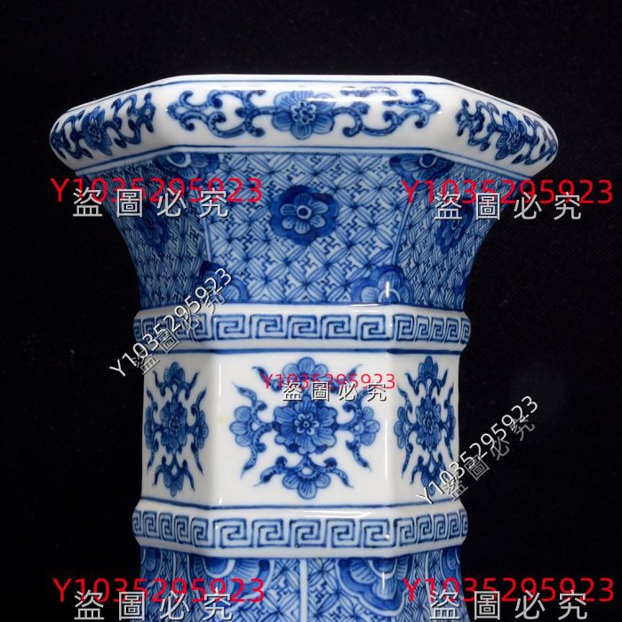 清乾隆青花開窗閣樓山水紋豎口瓶49×29 舊藏古董古玩【古齋】-2071