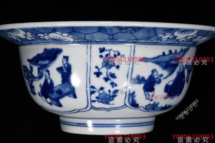 清康熙年青花人物紋折沿碗8.5*20m 舊藏古董古玩【豫園古玩】-2098