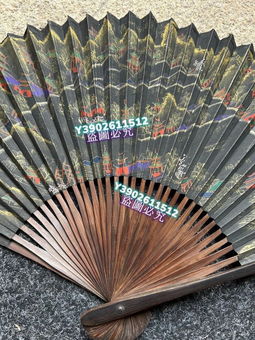 趣藏老貨+老的杭州竹扇子+木扇架扇子一面金彩純手繪“中國杭州西湖